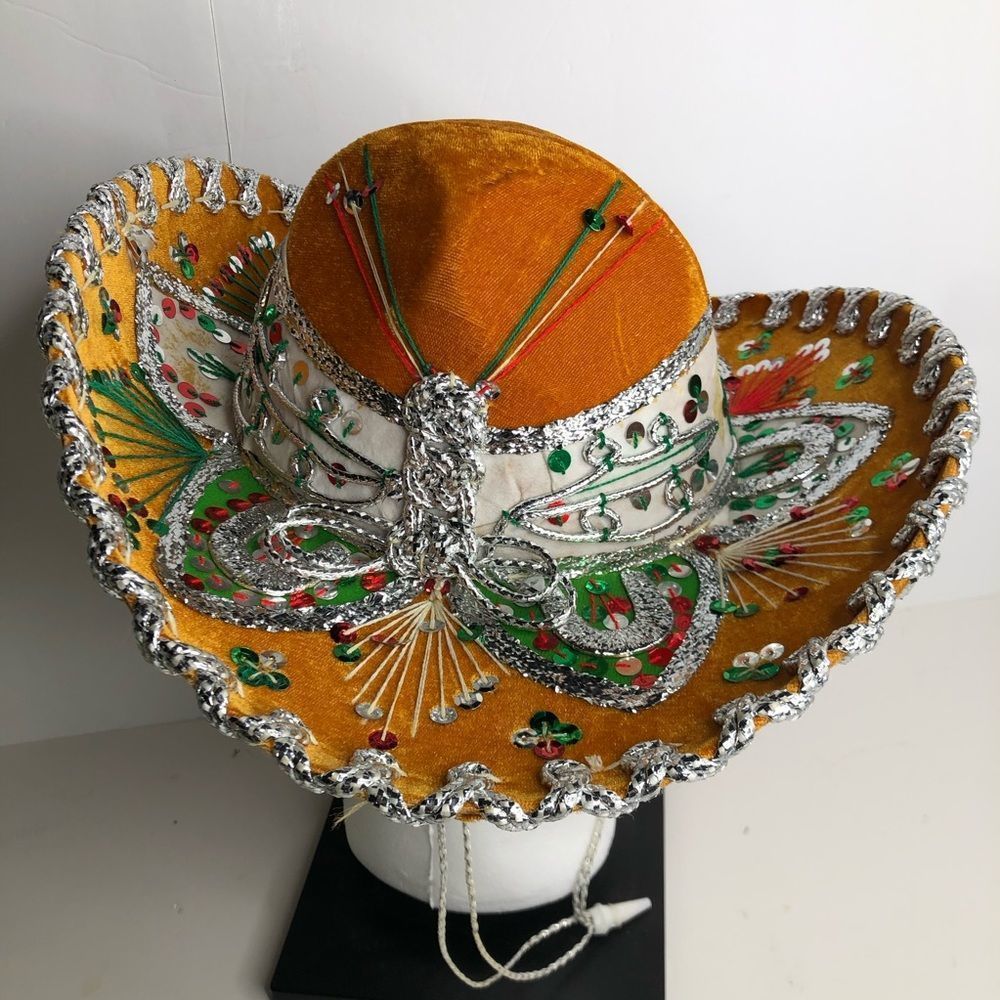 VTG Pigalle Mexican Sombrero Gold Velvet Western Charro Mariachi in EUC